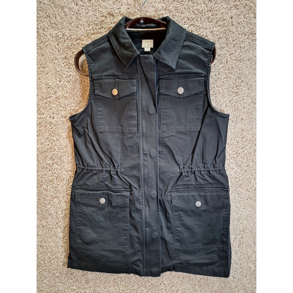 A New Day Utility Vest Womens Medium Black Pockets Cinched Waist Snap Inside Zip